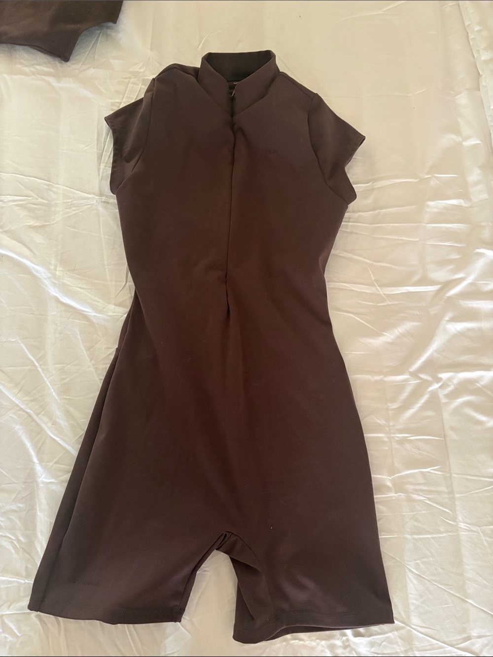 Short-Sleeve Brown Mini Zip-Front workout body suit